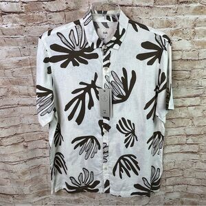 Folk Linen Blend Button Down Shirt Coral Leaf Tropical Print Medium